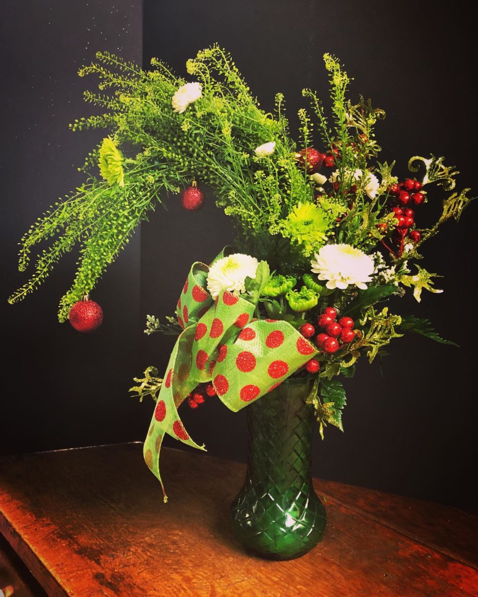 "Grinch” floral arrangement Driscoll's Potting Shed